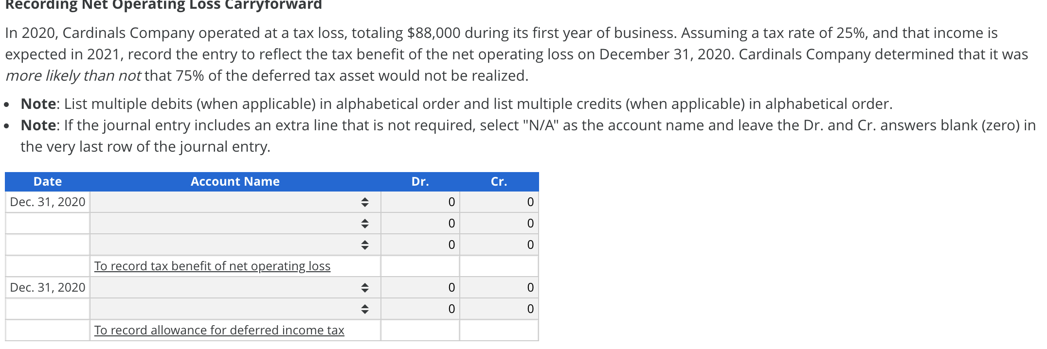 Solved Recording Net Operating Loss Carryforward In 2020,