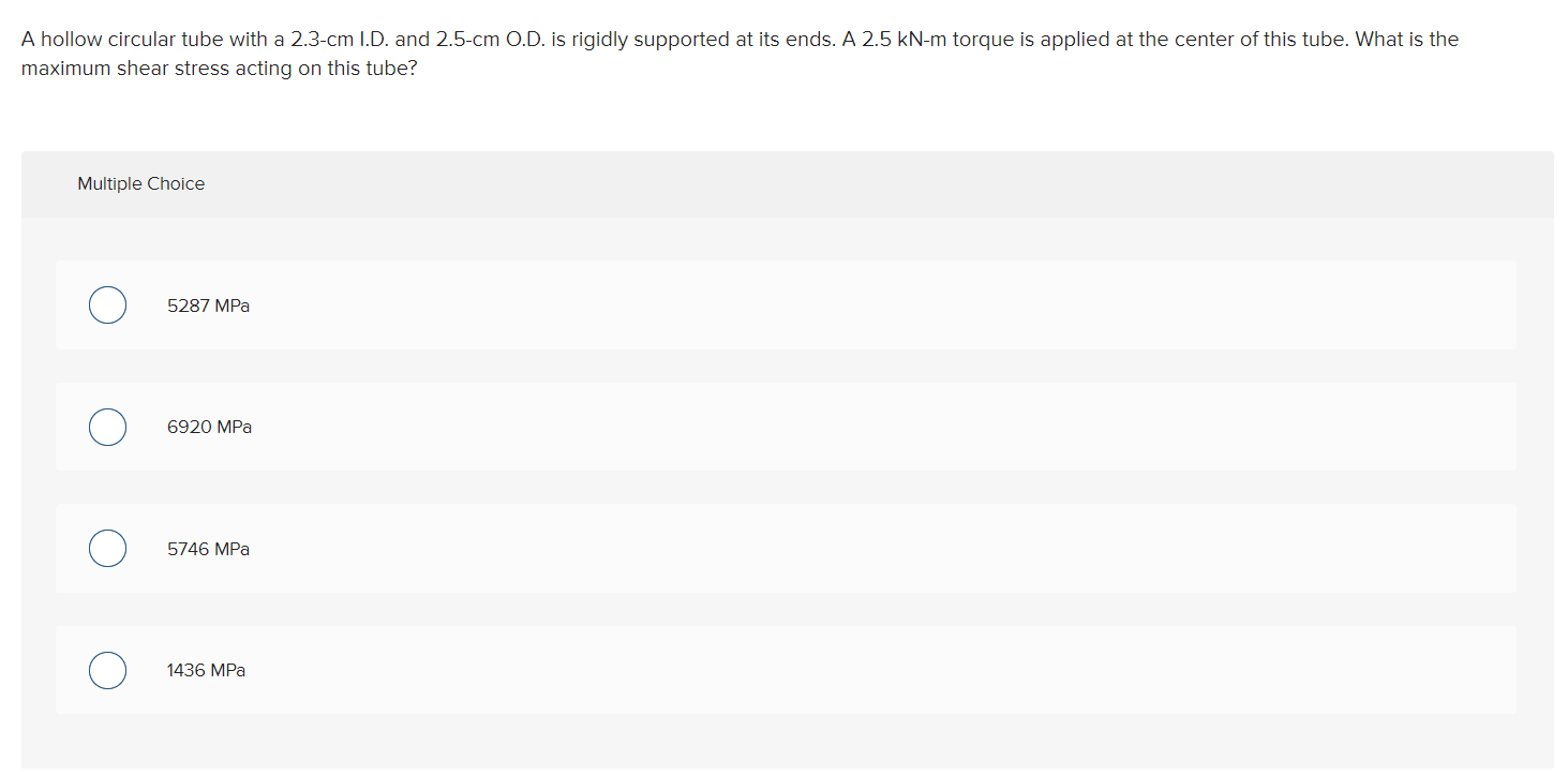 Solved A hollow circular tube with a 2.3-cm I.D. and 2.5-cm | Chegg.com