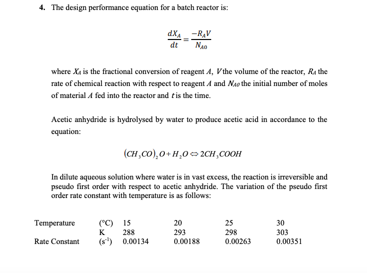 Solved 4. The design performance equation for a batch | Chegg.com