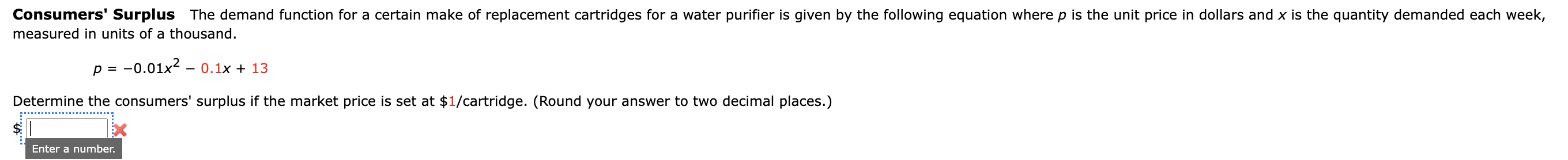 Solved measured in units of a thousand. p=−0.01x2−0.1x+13 | Chegg.com