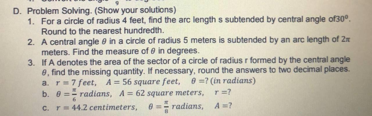 Solved 9 D. Problem Solving. (Show your solutions) 1. For a | Chegg.com