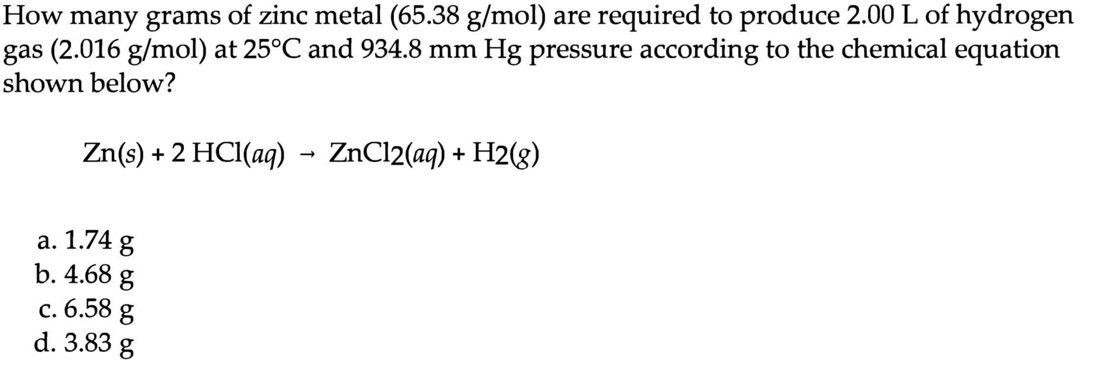 Solved How many grams of zinc metal (65.38 g/mol) are | Chegg.com