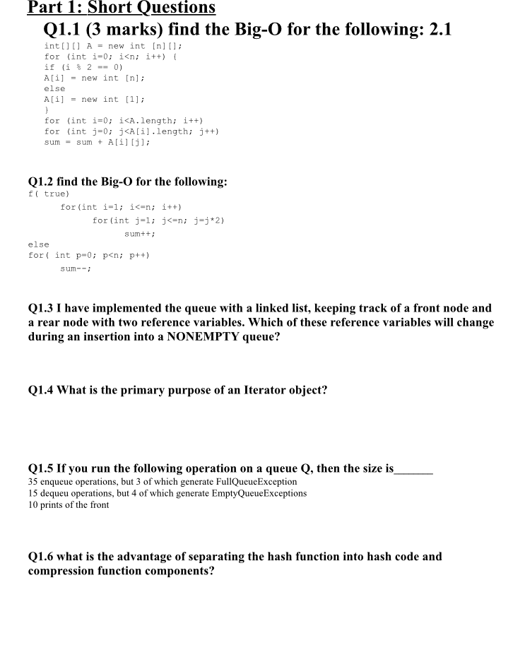 Solved Part 1 Short Questions Q1 1 3 Marks Find The Bi Chegg Com