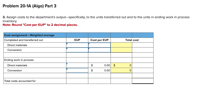 Solved Problem 20-1A (Algo) Weighted Average: Cost Per | Chegg.com