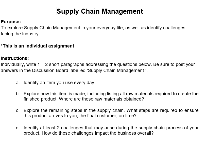 Solved Supply Chain Management Purpose: To Explore Supply | Chegg.com