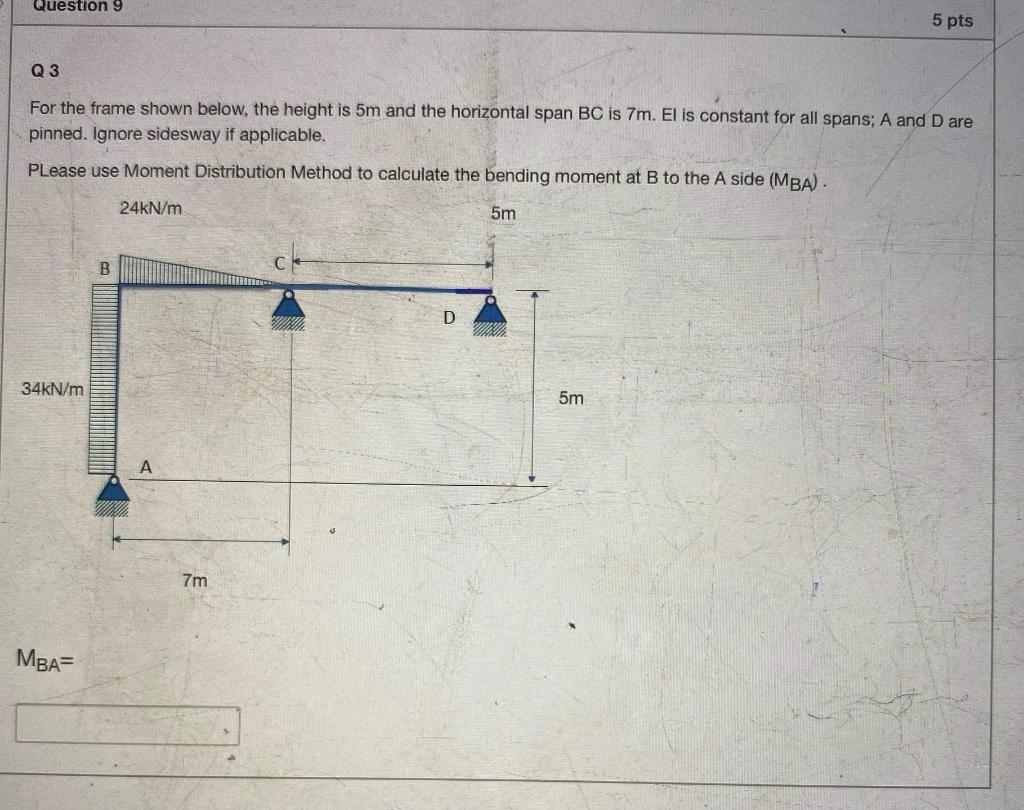 Solved Question 9 5 pts Q3 For the frame shown below, the | Chegg.com