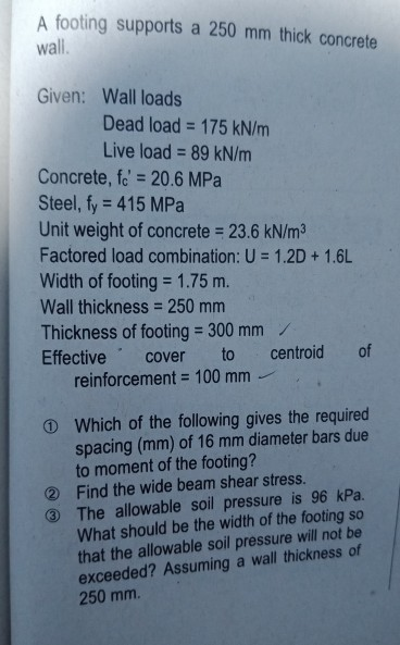 Solved A Footing Supports A 250 Mm Thick Concrete Wall. | Chegg.com