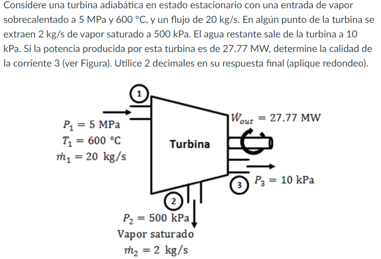 Considere una turbina adiabática en estado estacionario con una entrada de vapor sobrecalentado a \( 5 \mathrm{MPa} \) y \( 6