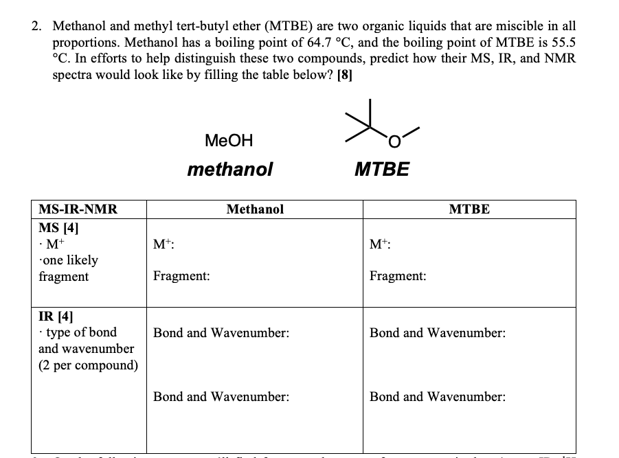 Solved 2 Methanol And Methyl Tert Butyl Ether Mtbe Are Chegg Com