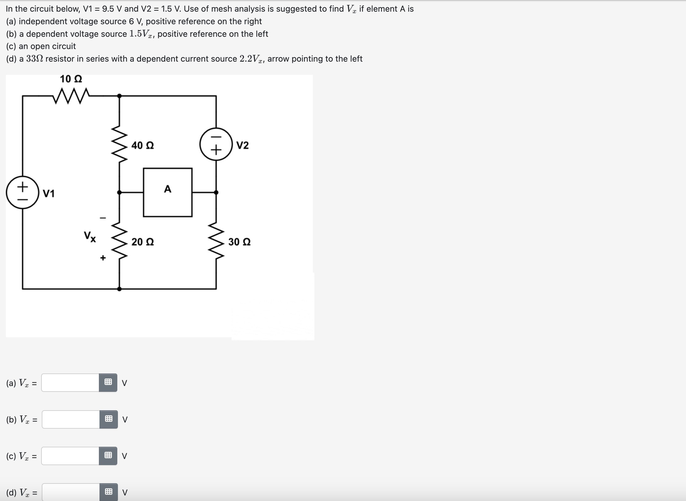 Solved In the circuit below, V1=9.5 V and V2=1.5 V. Use of | Chegg.com