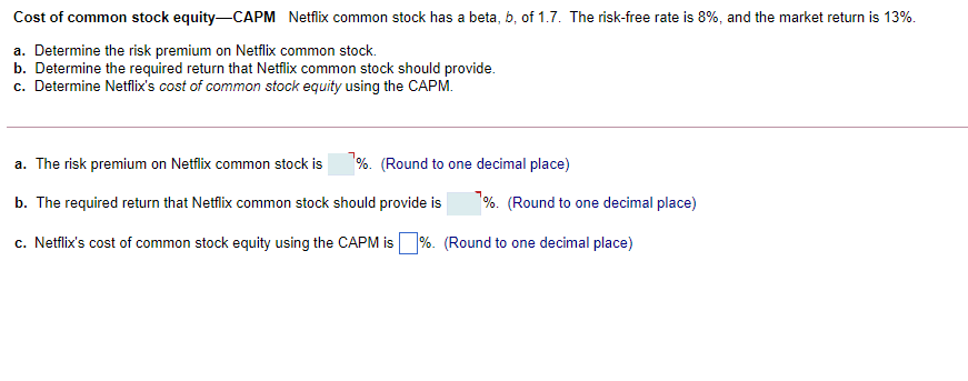 Solved Cost Of Common Stock Equity—CAPM Netflix Common Stock | Chegg.com