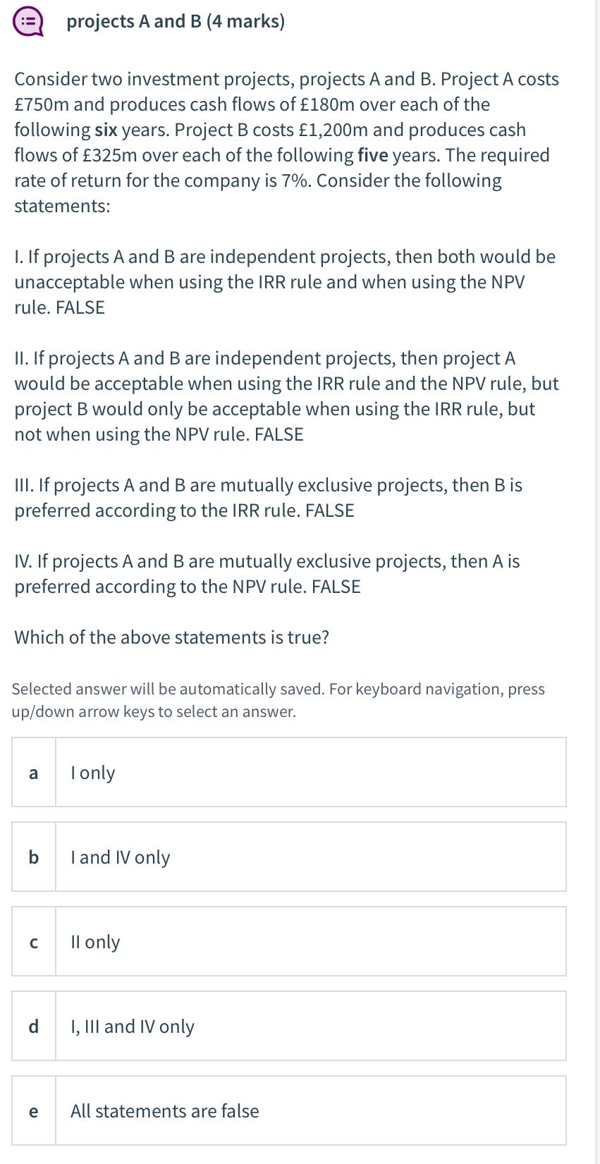 Solved (:=) Projects A And B (4 Marks) Consider Two | Chegg.com