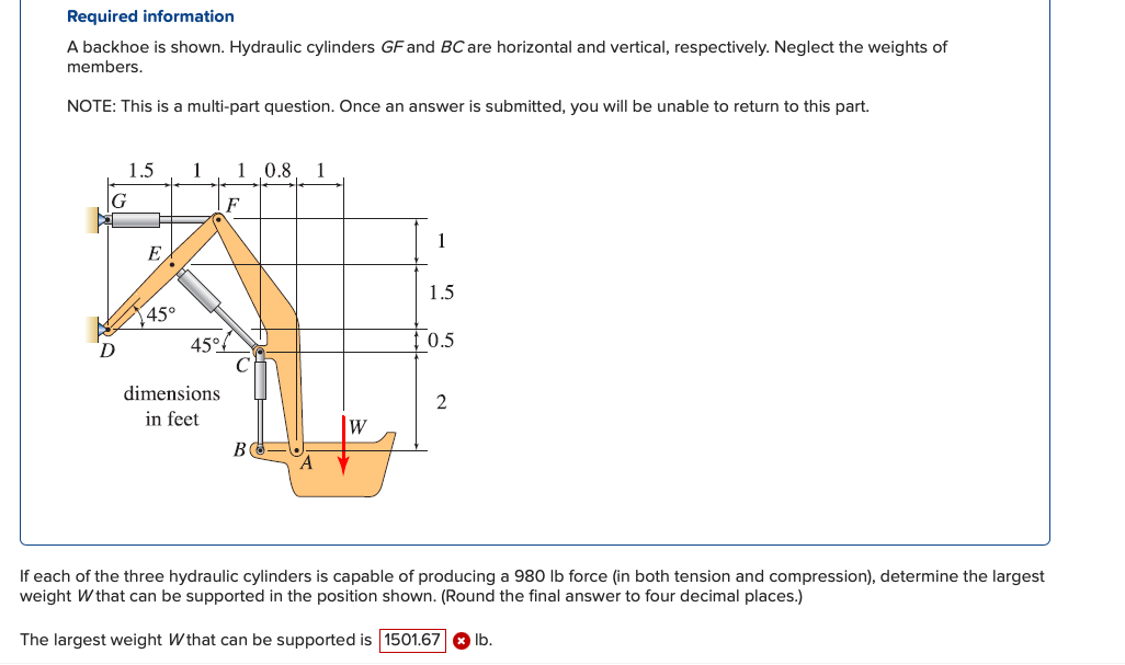 Required information
A backhoe is shown. Hydraulic cylinders \( G F \) and \( B C \) are horizontal and vertical, respectivel