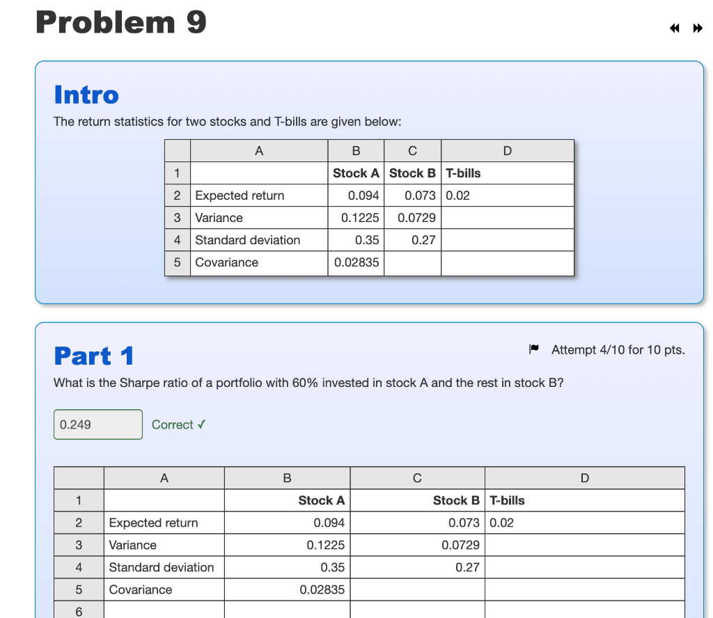 Solved Problem 9 Intro The return statistics for two stocks | Chegg.com