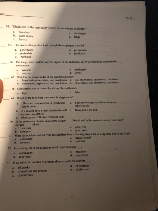 Solved ID: D 64. Which part of the respiratory system | Chegg.com