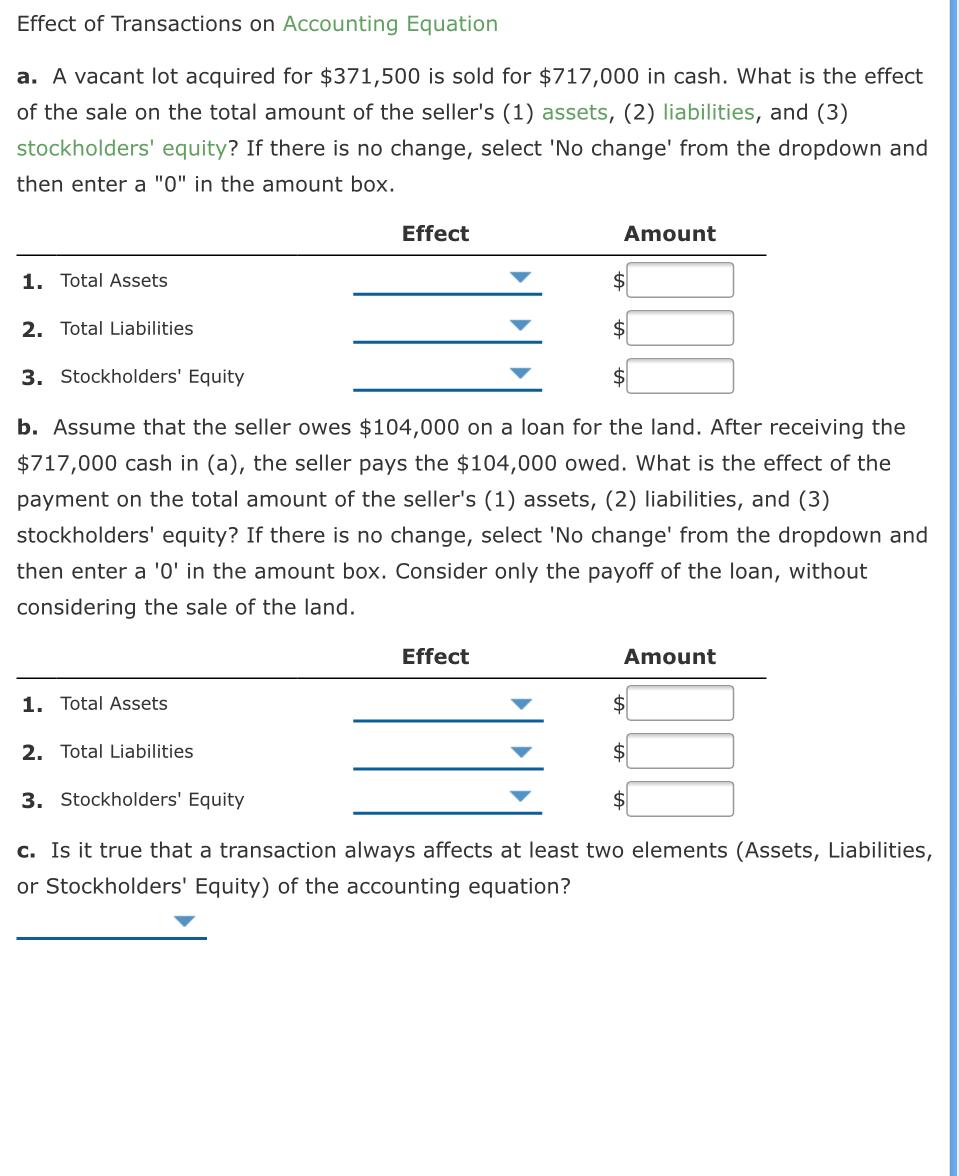 Solved Effect of Transactions on Accounting Equation a. A | Chegg.com