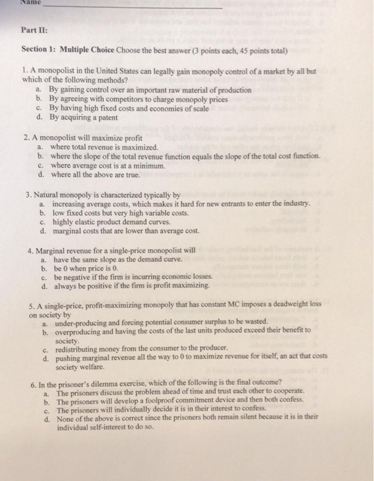 Solved Name Part II Section 1 Multiple Choice Choose the  Chegg.com