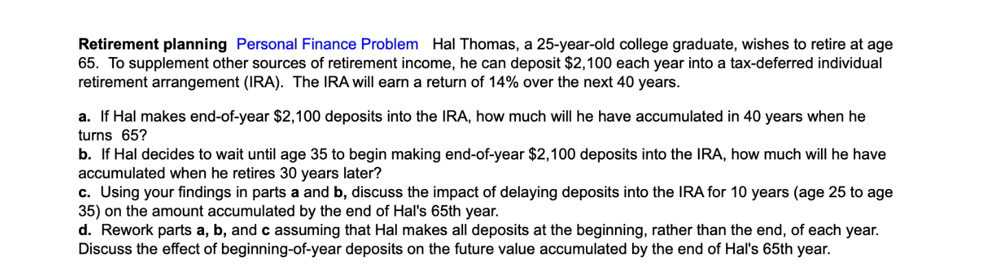 Solved Retirement planning Personal Finance Problem Hal | Chegg.com