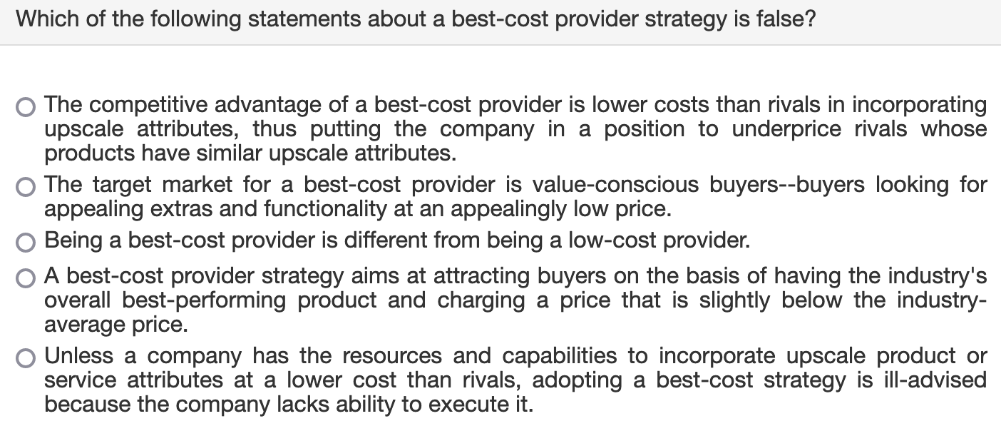 Solved Which of the following statements about a best-cost | Chegg.com