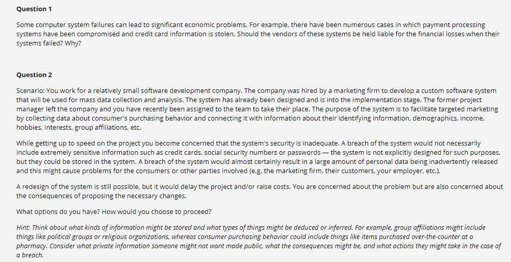 Solved Question 1 Some computer system failures can lead to | Chegg.com