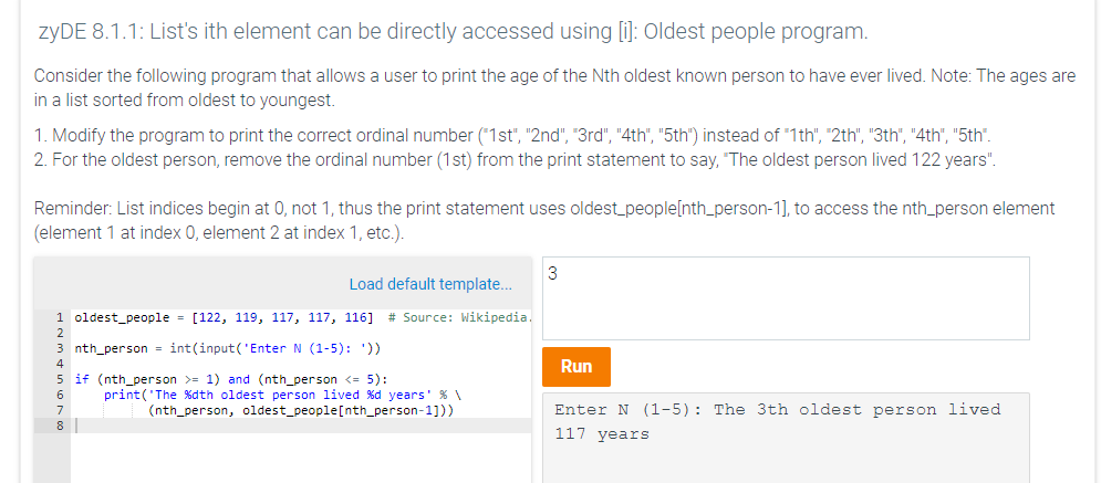 Solved zyDE 8.1.1: List's ith element can be directly | Chegg.com