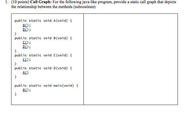 Solved 1. (10 points) Call Graph: For the following | Chegg.com