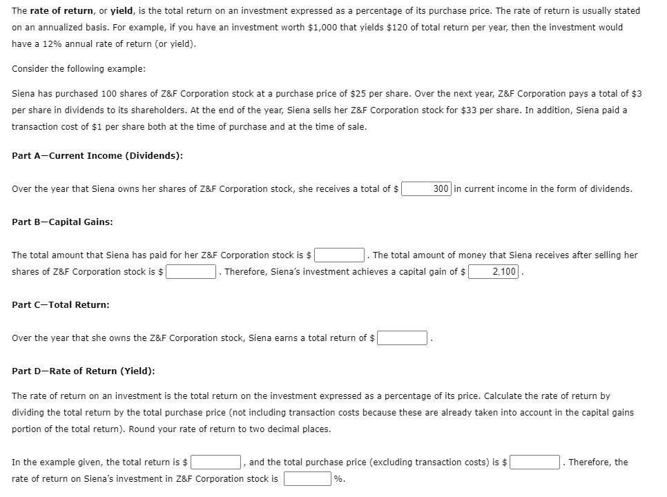 Solved The Rate Of Return Or Yield Is The Total Return On 6449