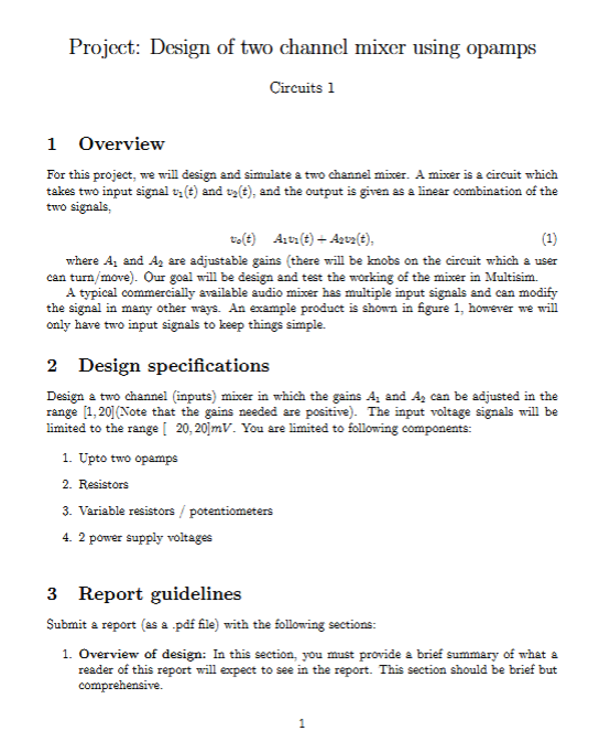 Project: Design of two channel mixer using opamps | Chegg.com