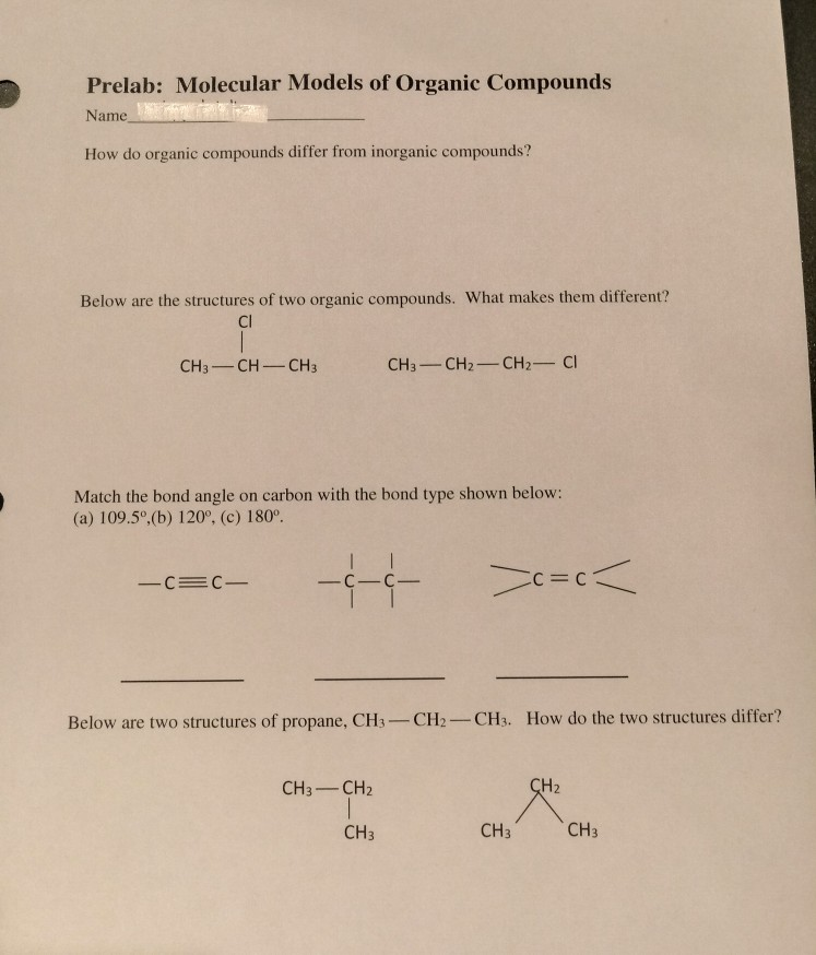 Solved Prelab Molecular Models of Organic Compounds Name