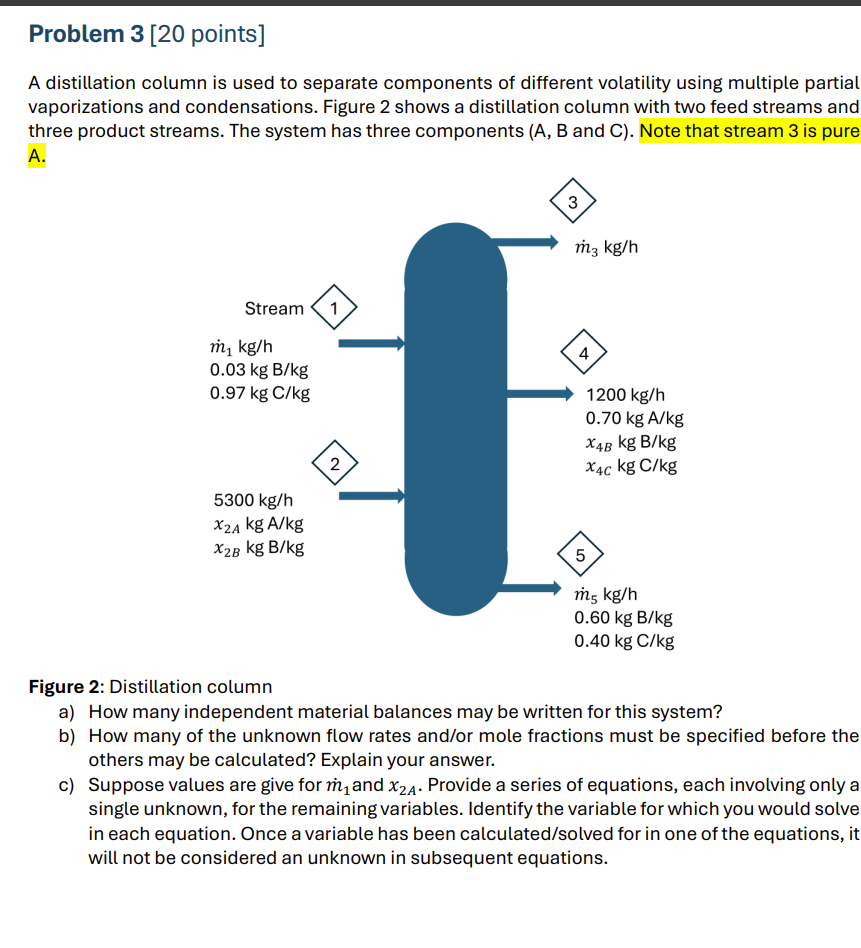 Solved Problem 3 [20 ﻿points] ﻿A distillation column is used | Chegg.com
