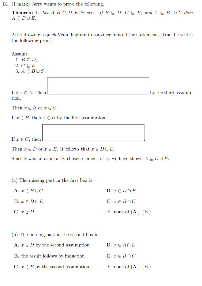 Solved B1. (1 mark) Jerry wants to prove the following. | Chegg.com