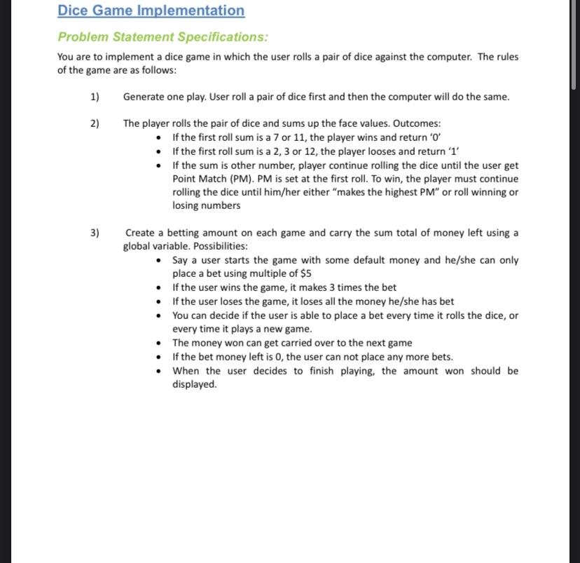 Dice Game Implementation Problem Statement | Chegg.com