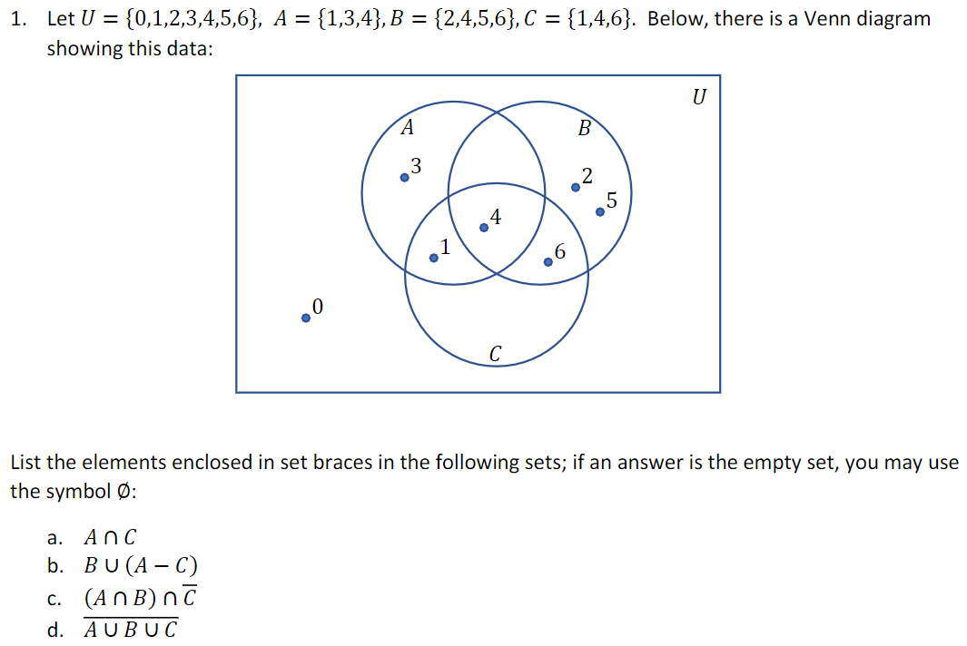 Solved 1. = Let U = {0,1,2,3,4,5,6}, A = {1,3,4}, B = | Chegg.com