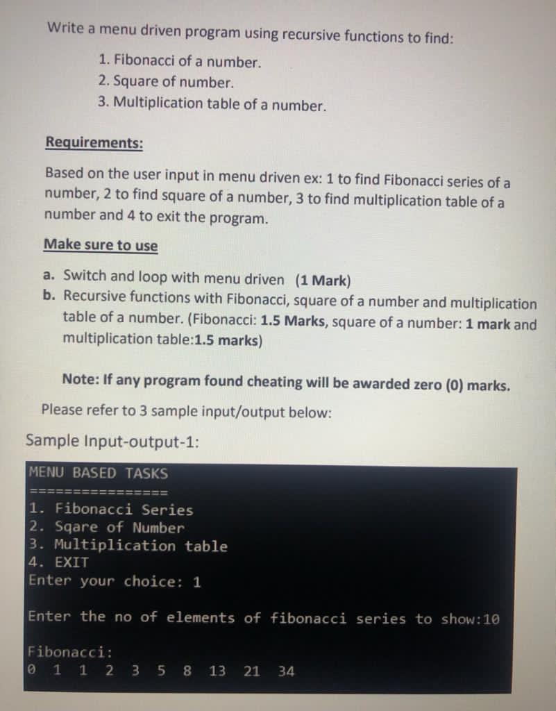 Solved Write a menu driven program using recursive functions | Chegg.com