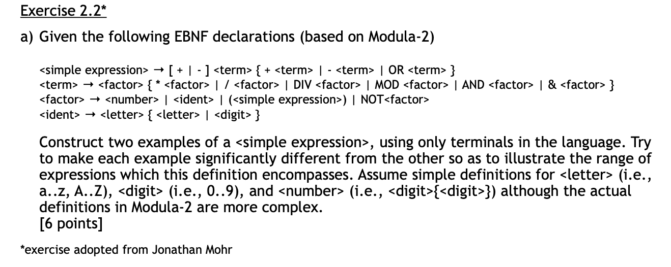 Exercise 2.2* a) Given the following EBNF declarations (based on Modula-2) AND <factor> & <factor>} <simple expression> → [+