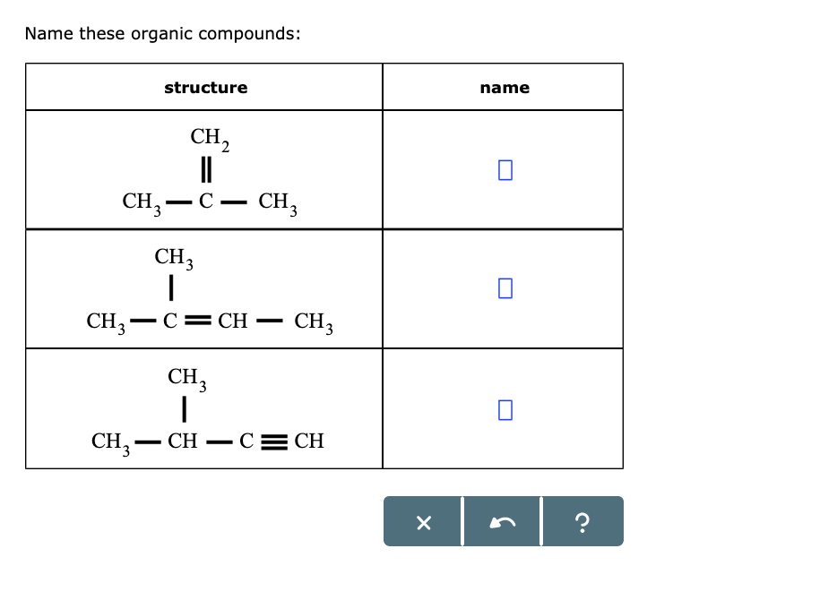 Solved Name these organic compounds: structure name CH CH-C- | Chegg.com