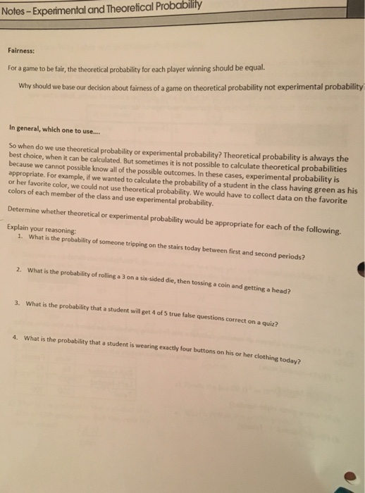 theoretical and experimental probability practice answers