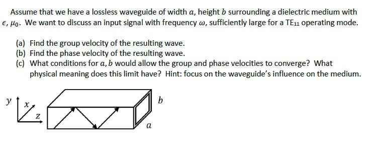 Solved Assume that we have a lossless waveguide of width a