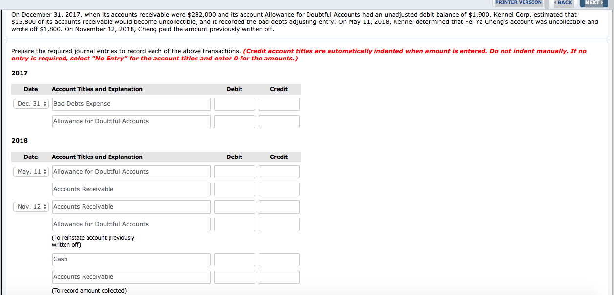 Solved PRINTER VERSION BACK NEXT On December 31, 2017, when | Chegg.com