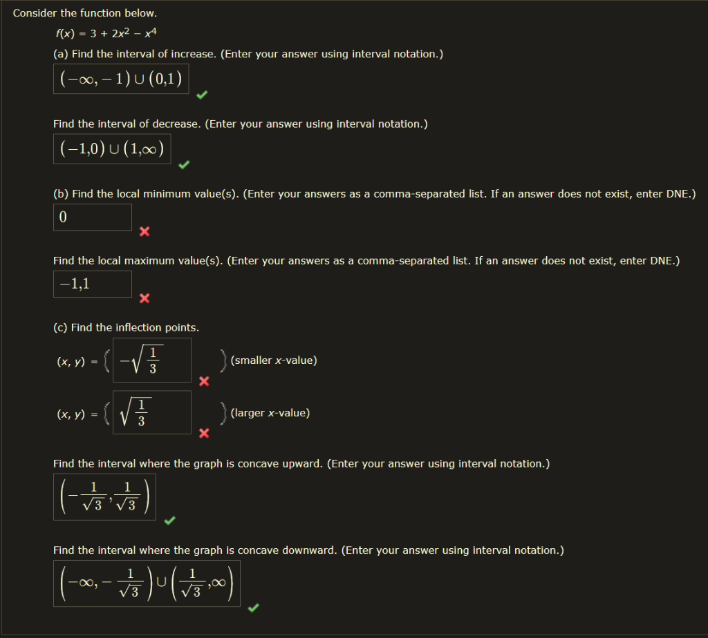 Solved Consider the function below. f(x) = 3 + 2x2 – x4 (a) | Chegg.com