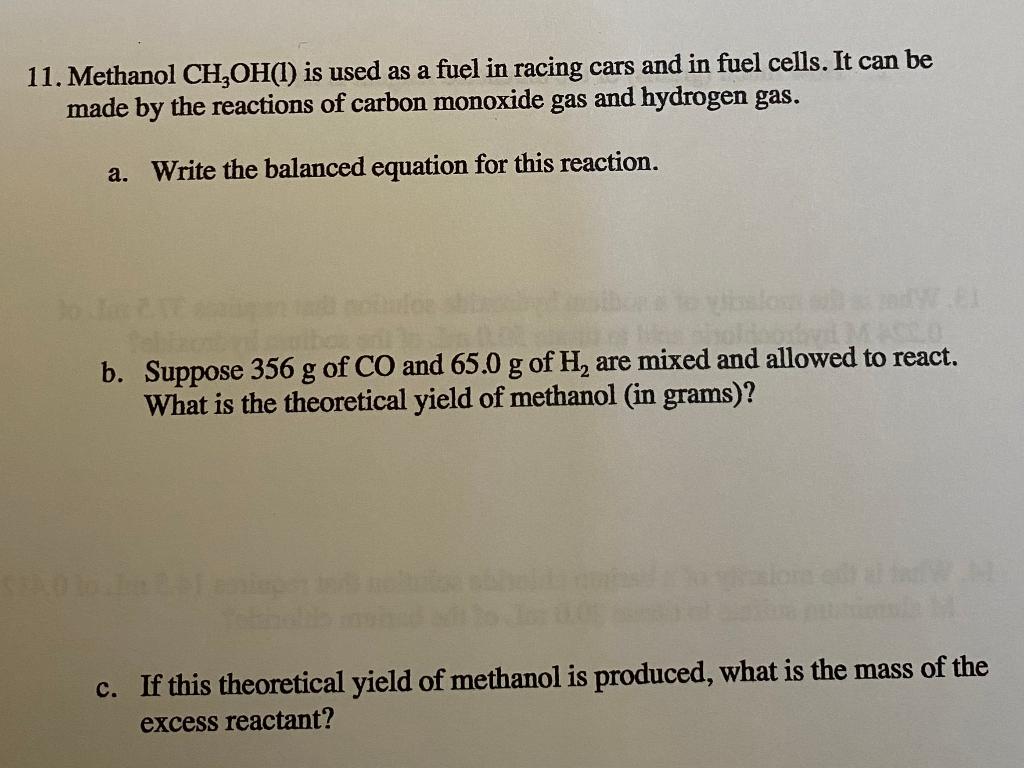 Solved Methanol Ch3ohl Is Used As A Fuel In Racing Cars 8985