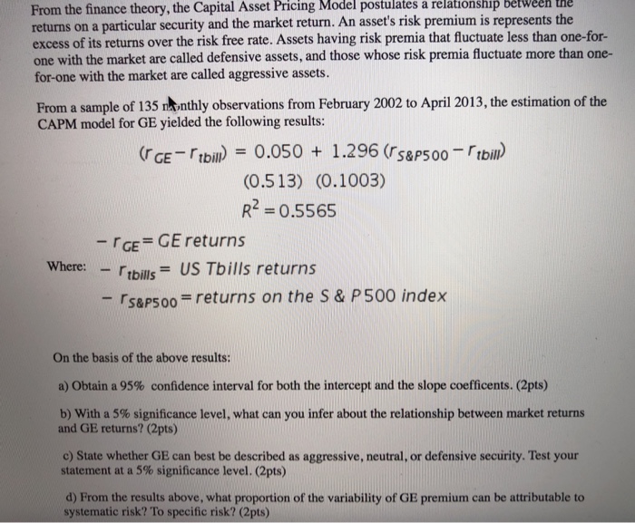 Solved From the finance theory, the Capital Asset Pricing | Chegg.com