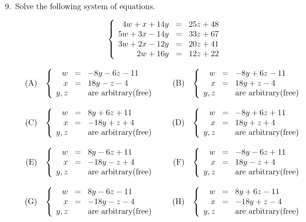 Solved 9. Solve the following system of equations. 4w + x + | Chegg.com