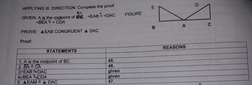 Solved D E ес APPLYING III. DIRECTION: Complete the proof. | Chegg.com