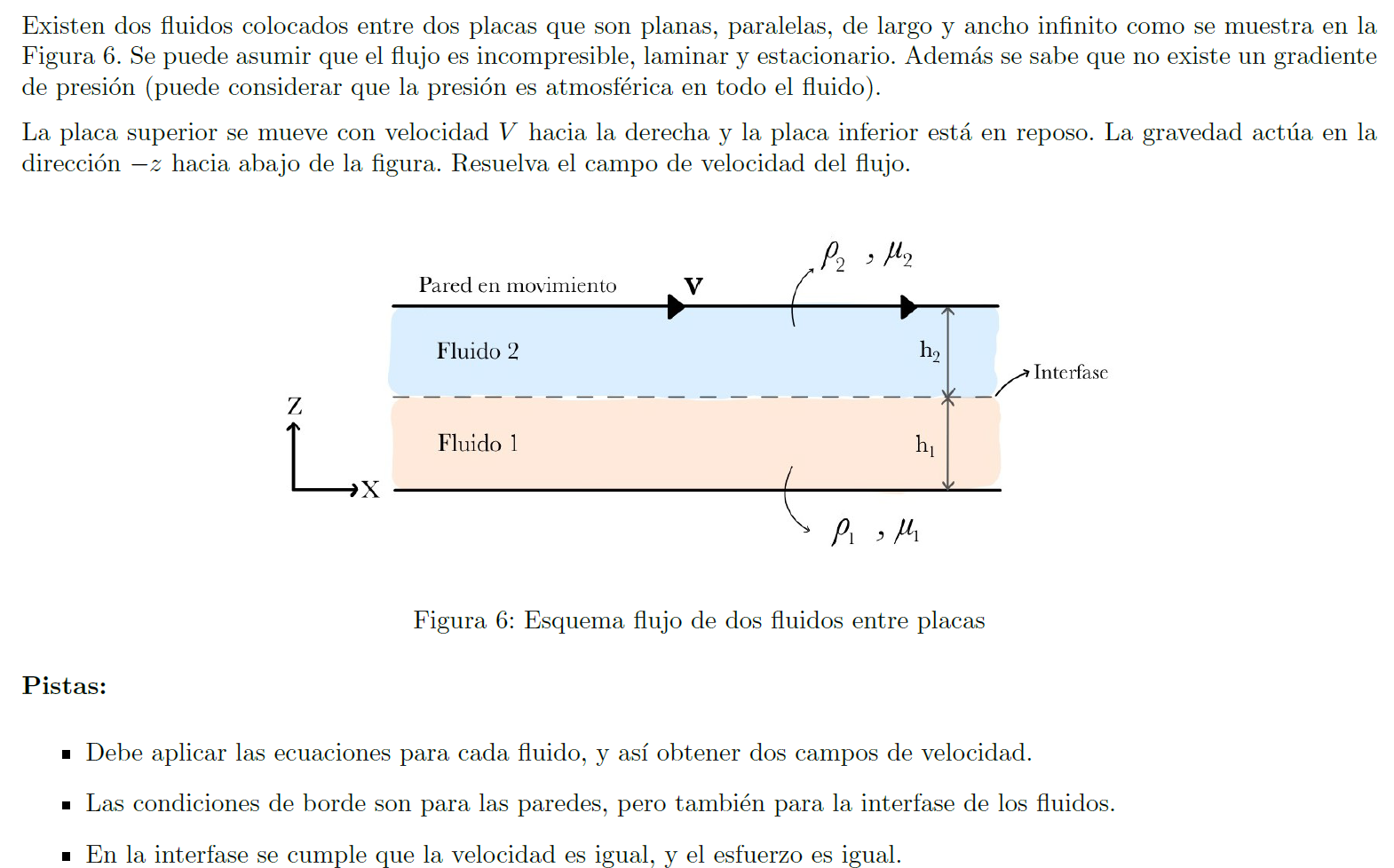 Existen dos fluidos colocados entre dos placas que son planas, paralelas, de largo y ancho infinito como se muestra en la Fig