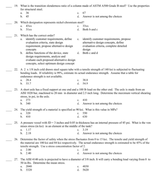 Solved 19. What is the transition slendemess ratio of a | Chegg.com