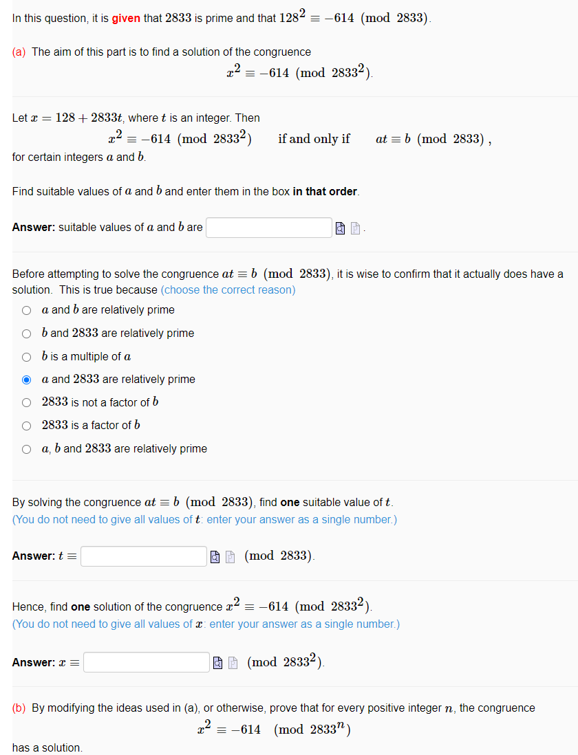 Solved In this question, it is given that 2833 is prime and | Chegg.com