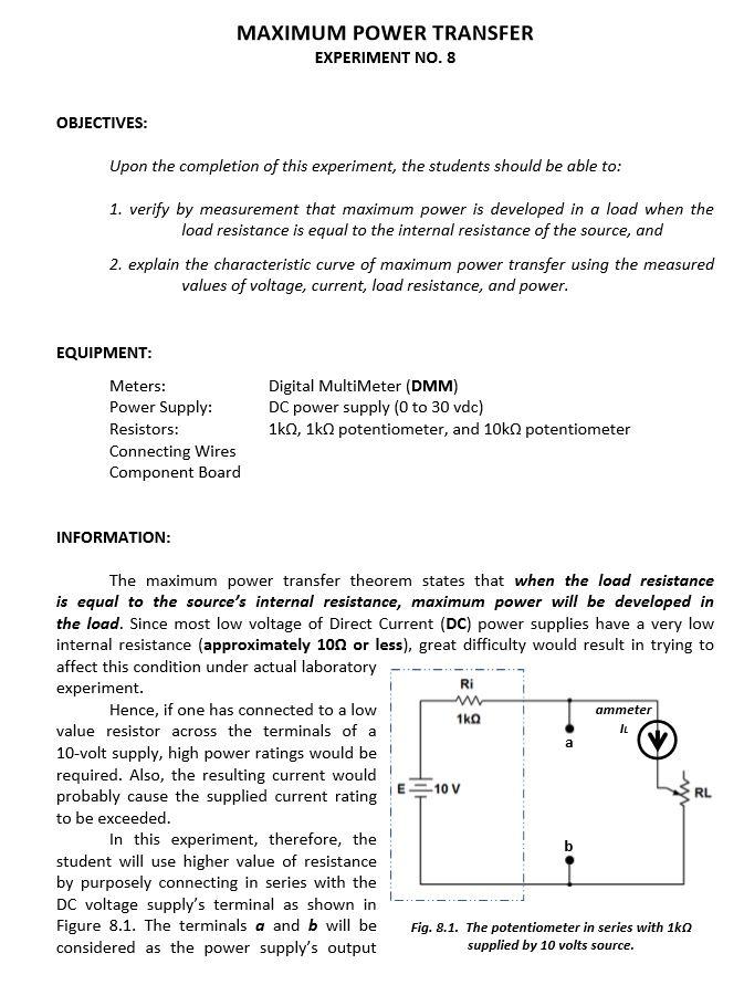 Solved MAXIMUM POWER TRANSFER EXPERIMENT NO. 8 OBJECTIVES: | Chegg.com