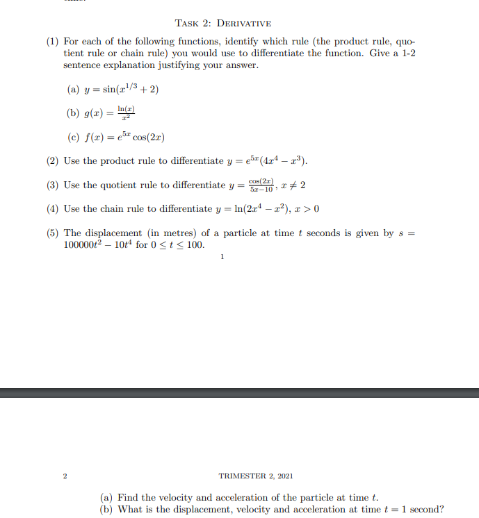 Solved TASK 2: DERIVATIVE (1) For each of the following | Chegg.com