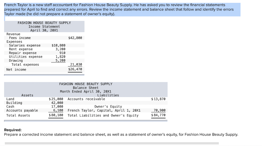 Solved French Taylor is a new staff accountant for Fashion | Chegg.com